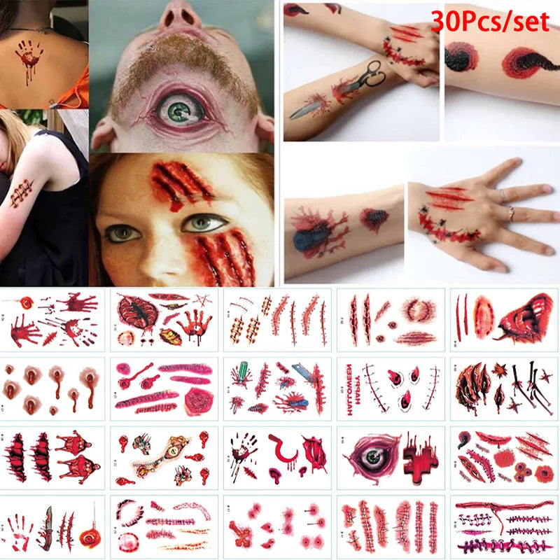 30-Pack Halloween Bloody Wound Temporary Tattoo Stickers Temporary Tattoo Stickers QXL