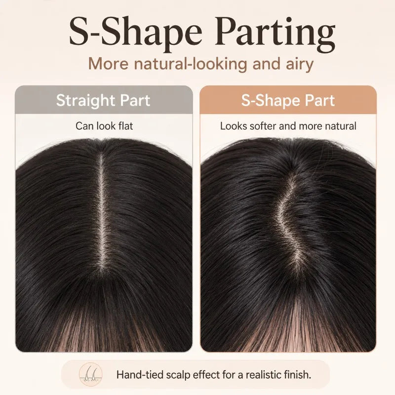 Long Straight Black Wig – Air Bangs & S-Shape Parting Synthetic Hair Wig QXL