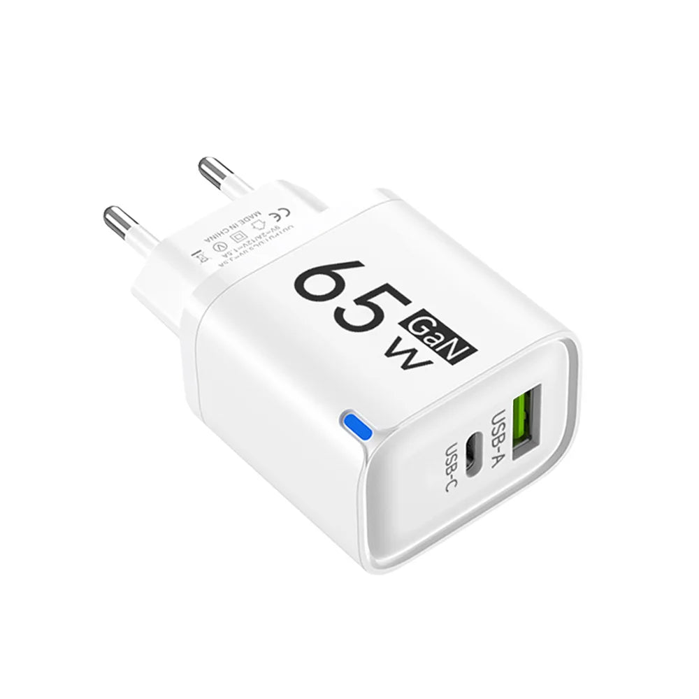 65W GaN Fast Charger USB-C PD QC 3.0 Dual Port Wall Adapter GaN Wall Charger QXL
