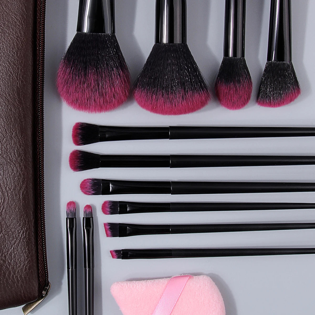 15-Pc Makeup Brush Set with PU Bag & Pink Powder Puffs Makeup Brush Set QXL