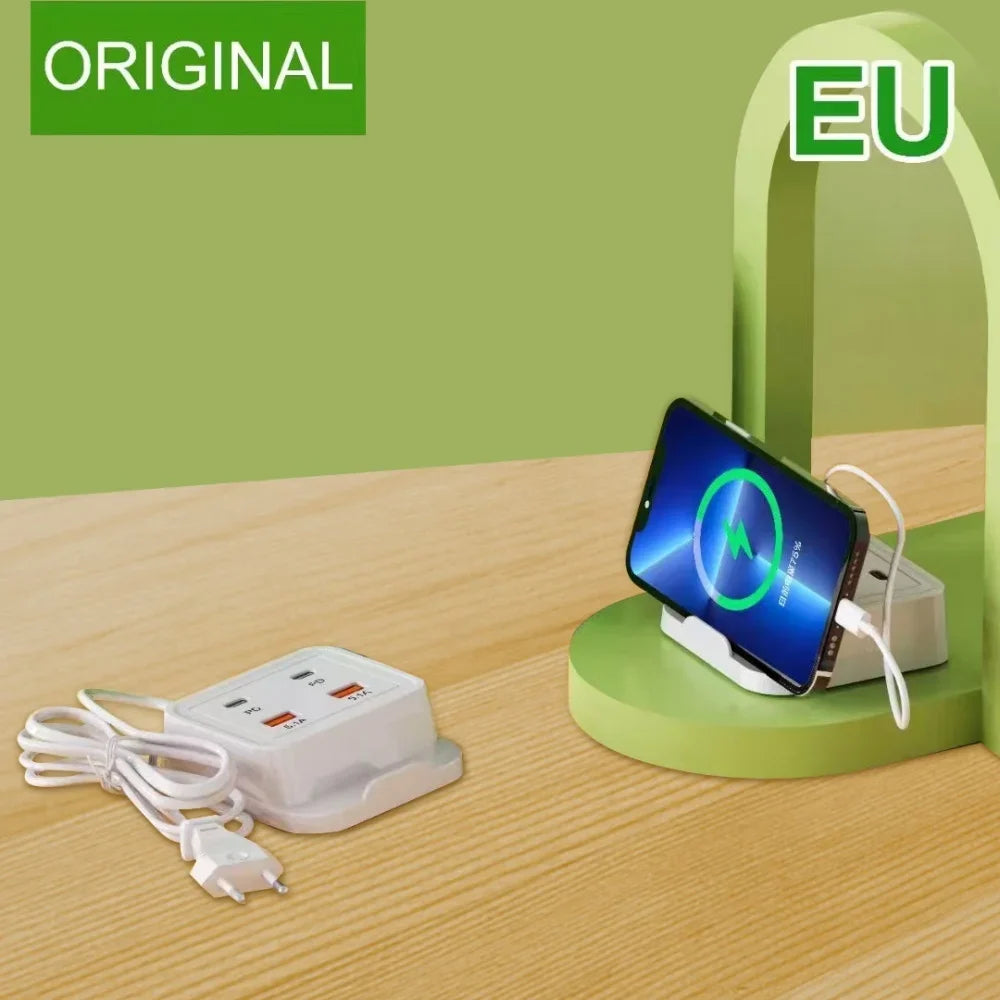 5.1A USB-C 4-Port Fast Charger Power Strip with Phone Stand USB-C Multi-Port Charger QXL