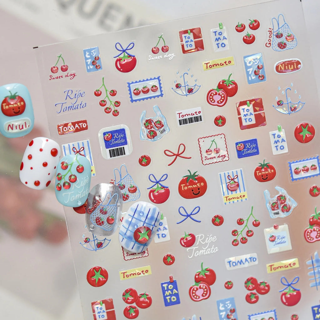 Tomato Cartoon 5D Nail Stickers | Cute Grocery Theme Decals Nail Art Stickers QXL