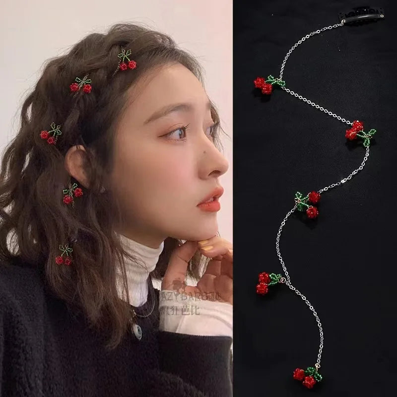 Red Cherry Tassel Hair Clip | Braided Wax Thread Charm Tassel Hair Clip QXL