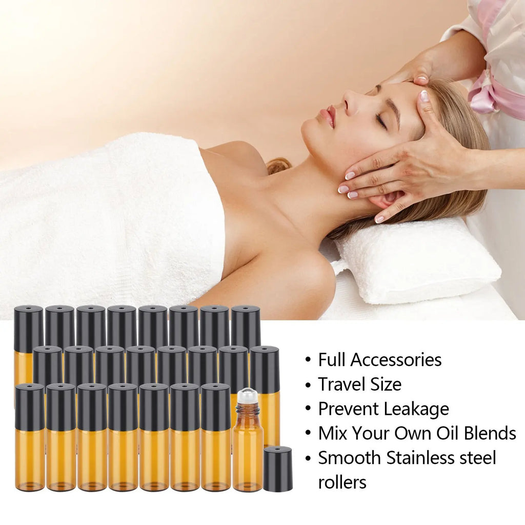 10-Pack Amber Glass Roll-On Bottles | Steel Roller & Black Cap Roll-On Bottles QXL