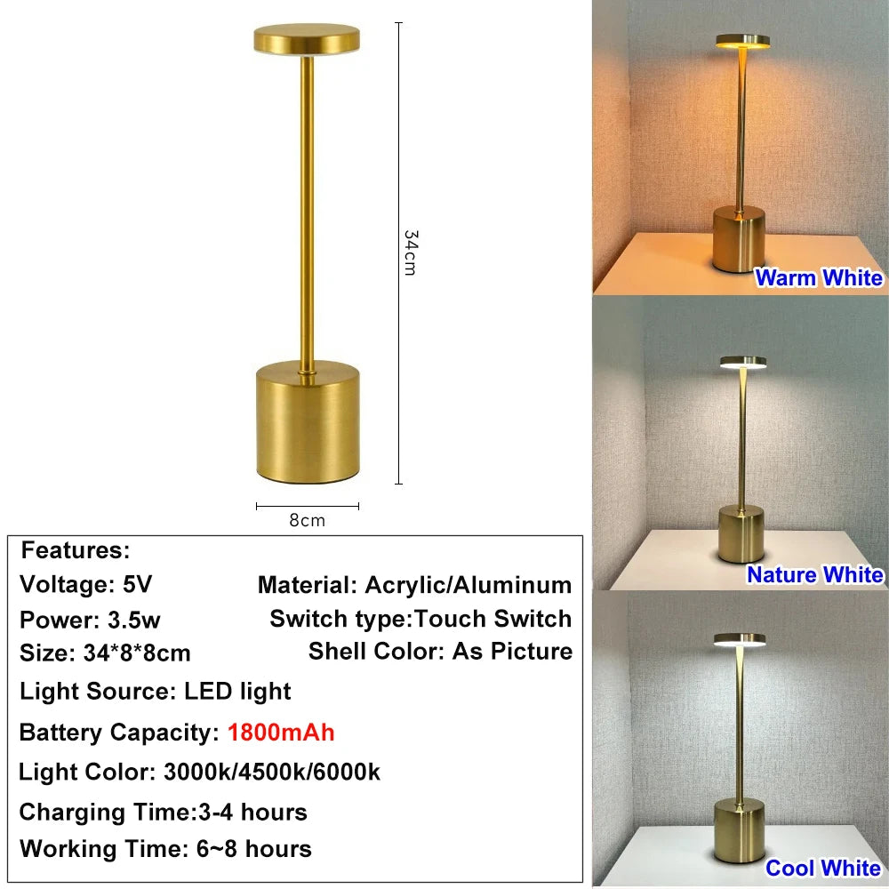 Nordic Cordless LED Desk Lamp | Touch Dimmer, USB Rechargeable Rechargeable Table Lamp QXL Gold