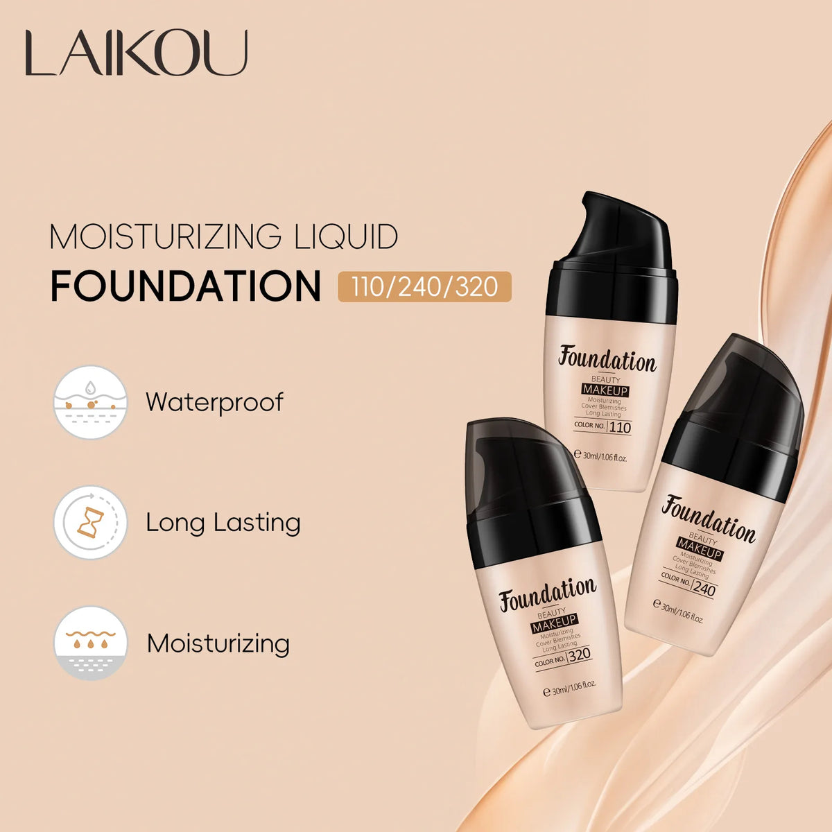 LAIKOU Liquid Foundation Full Coverage Hydrating Makeup Base 30ml Liquid Foundation QXL