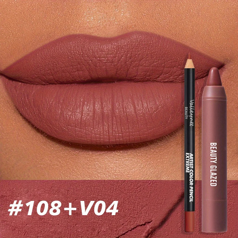 Velvet Lip Liner & Matte Lipstick Set – Waterproof Long-Lasting Lip Liner & Lipstick Set QXL 108 V04