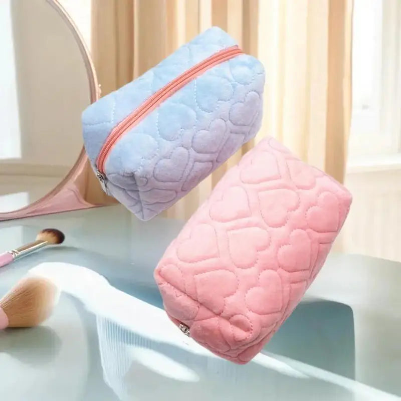 Heart Quilted Velvet Makeup Bag | Travel Cosmetic Pouch Cosmetic Travel Bag QXL