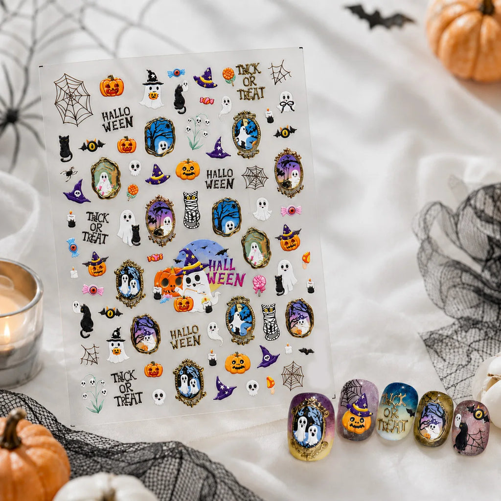 Halloween 5D Nail Stickers | Ghost Bat Jack-o-Lantern Decals Nail Art Stickers QXL
