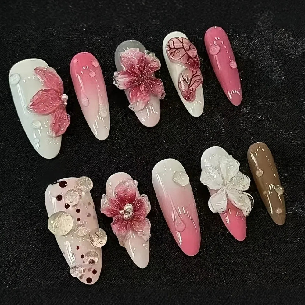 24-Pc French Almond Press-On Nails | Pink Flower False Tips Press-On Nails QXL Style G