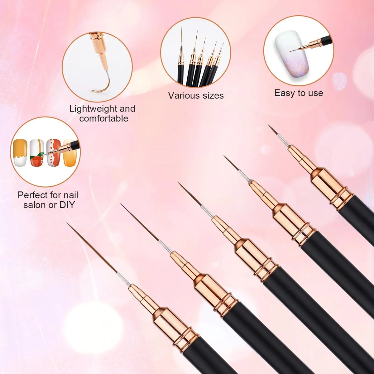 5-Piece Nail Art Liner Brush Set | Fine Line & Stripe Detail Nail Art Brushes QXL