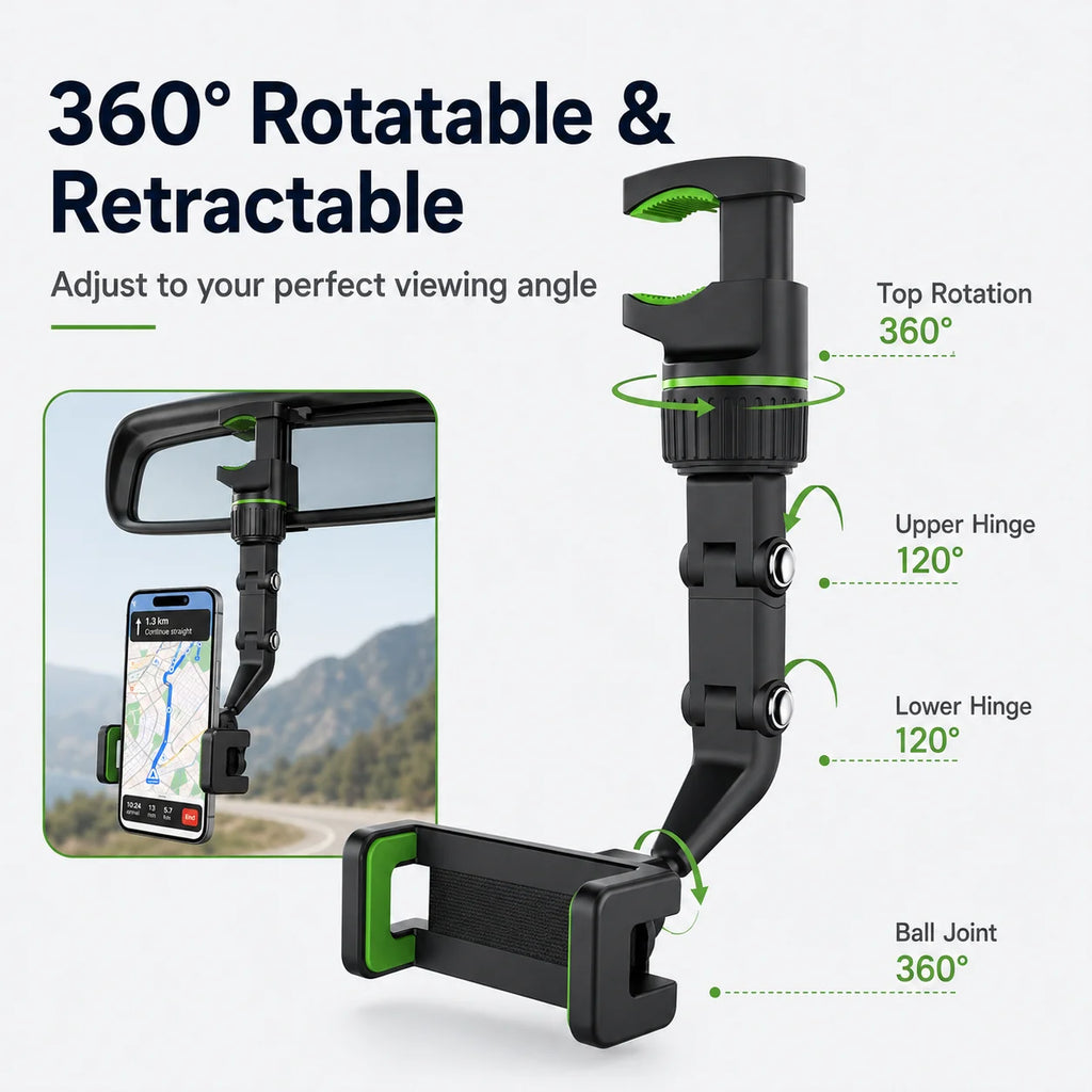 360° Rearview Mirror Phone Mount | Retractable Car Holder Car Phone Mount QXL
