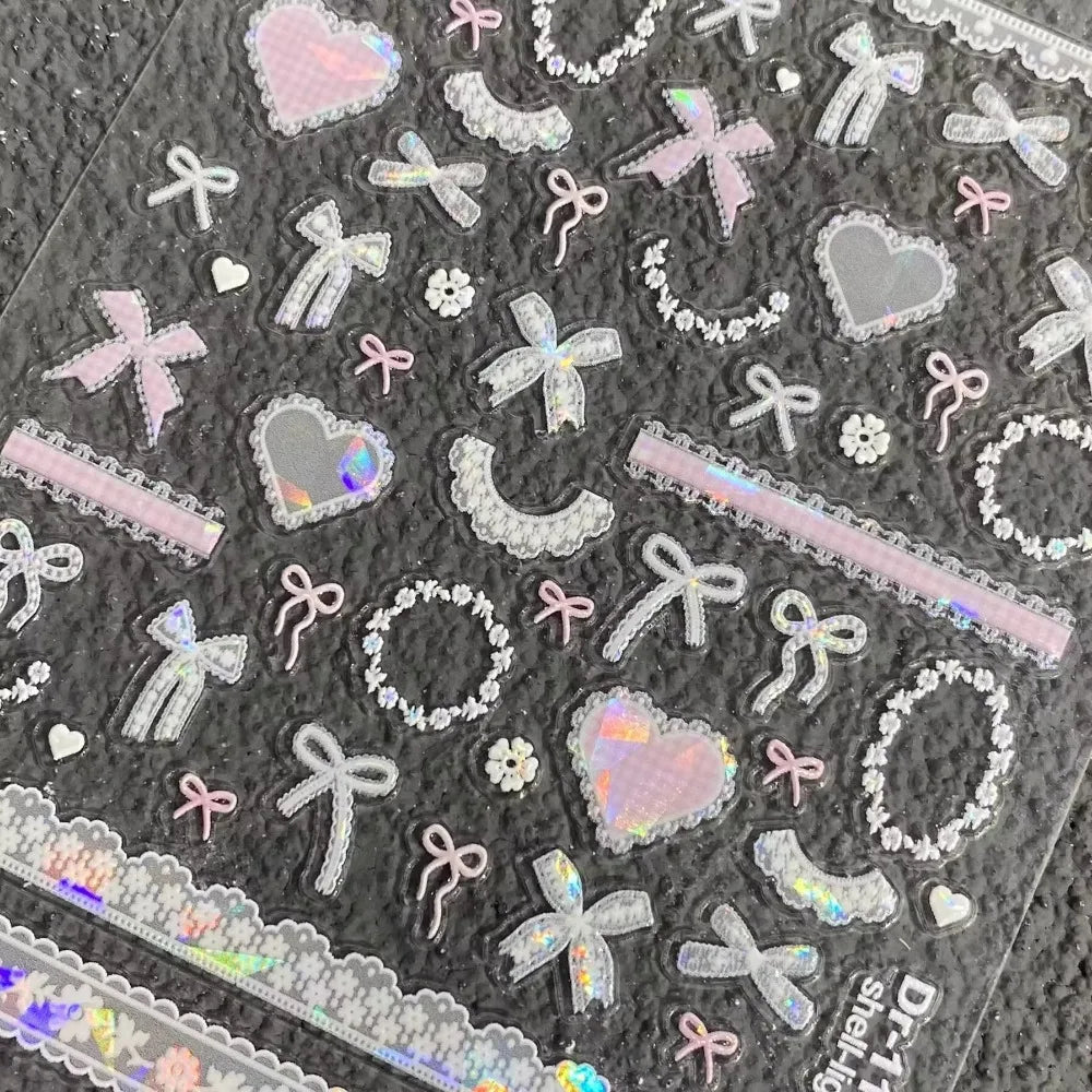 3D Lace Bow Nail Stickers | Embossed Shiny Shell Decals Nail Art Stickers QXL