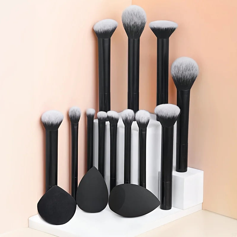 15-Pc Professional Makeup Brush Set with Angled Sponge Makeup Brush Set QXL Black