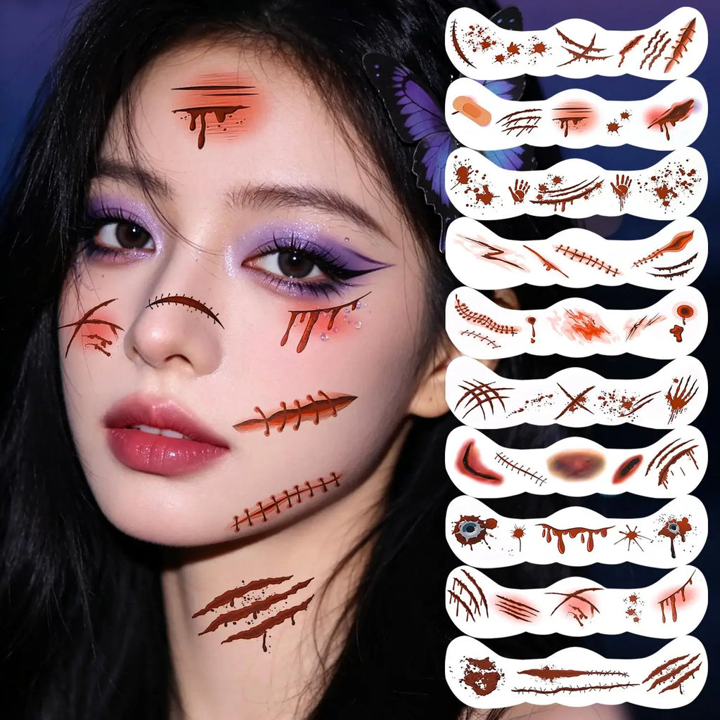 10-Pack Halloween Scar Temporary Face Tattoo Stickers | Cosplay Temporary Tattoo Stickers QXL