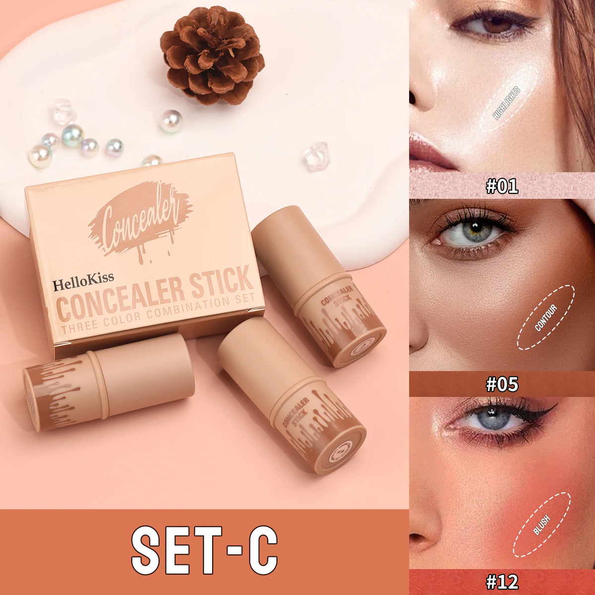 3-Piece Contour Stick Set | Matte Highlight & Blush Wand Contour Stick Set QXL C set