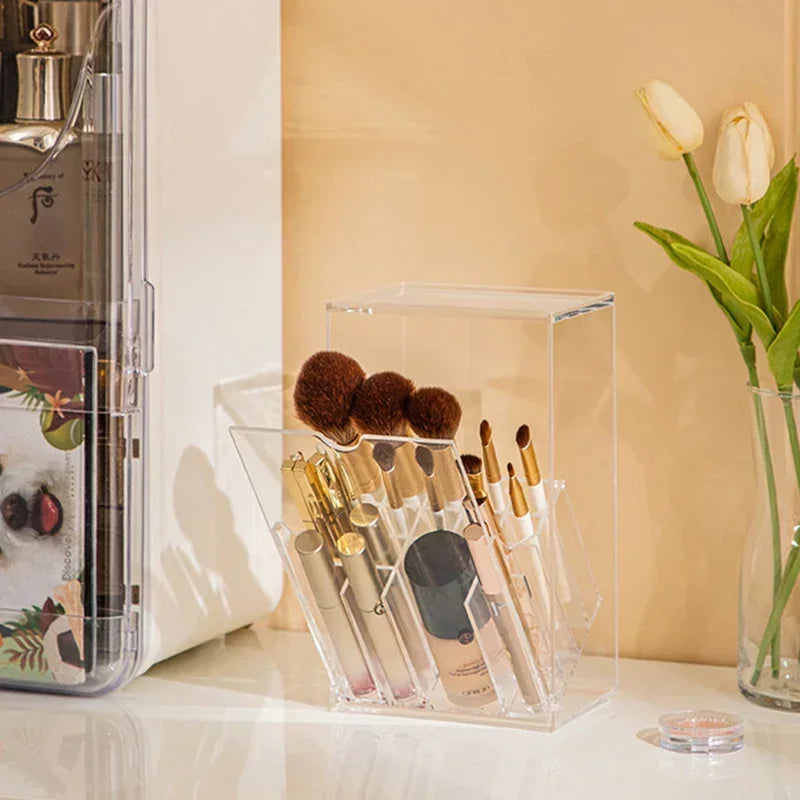 Clear Acrylic Makeup Brush Holder with Lid | Large Capacity Makeup Brush Organizer QXL