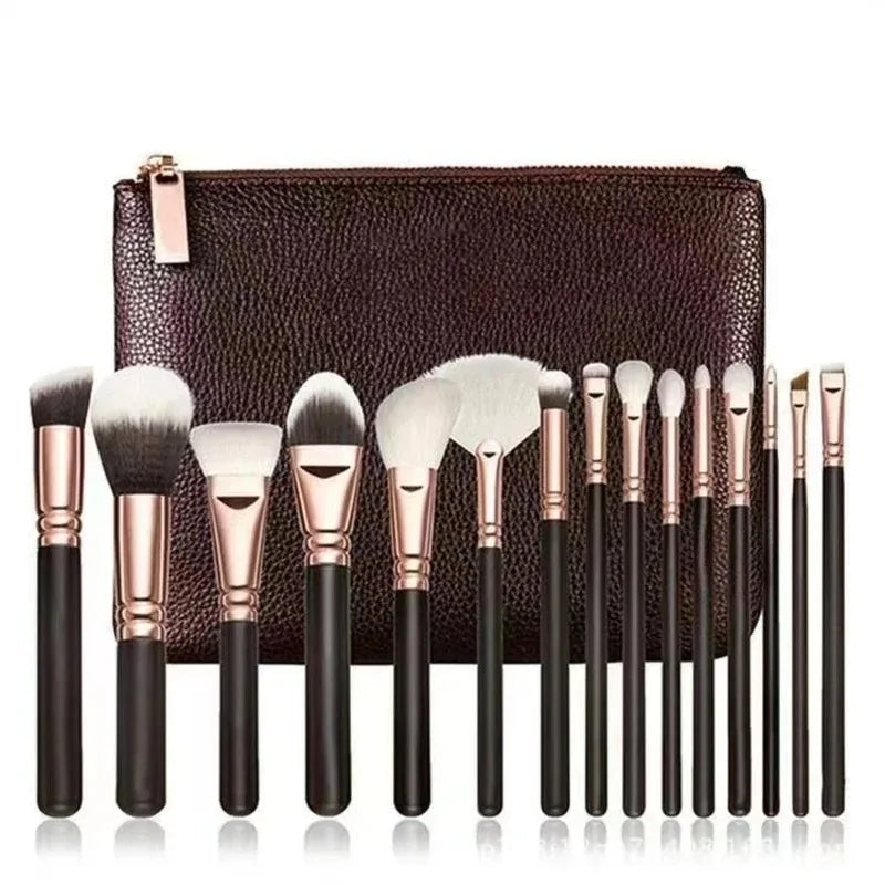 15-Piece Makeup Brush Set with PU Roll Bag | Artist Kit Makeup Brush Set QXL 15 brown