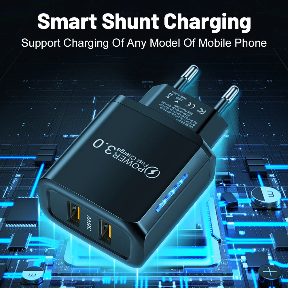 36W Dual USB Fast Wall Charger | Universal Travel Adapter USB Wall Charger QXL