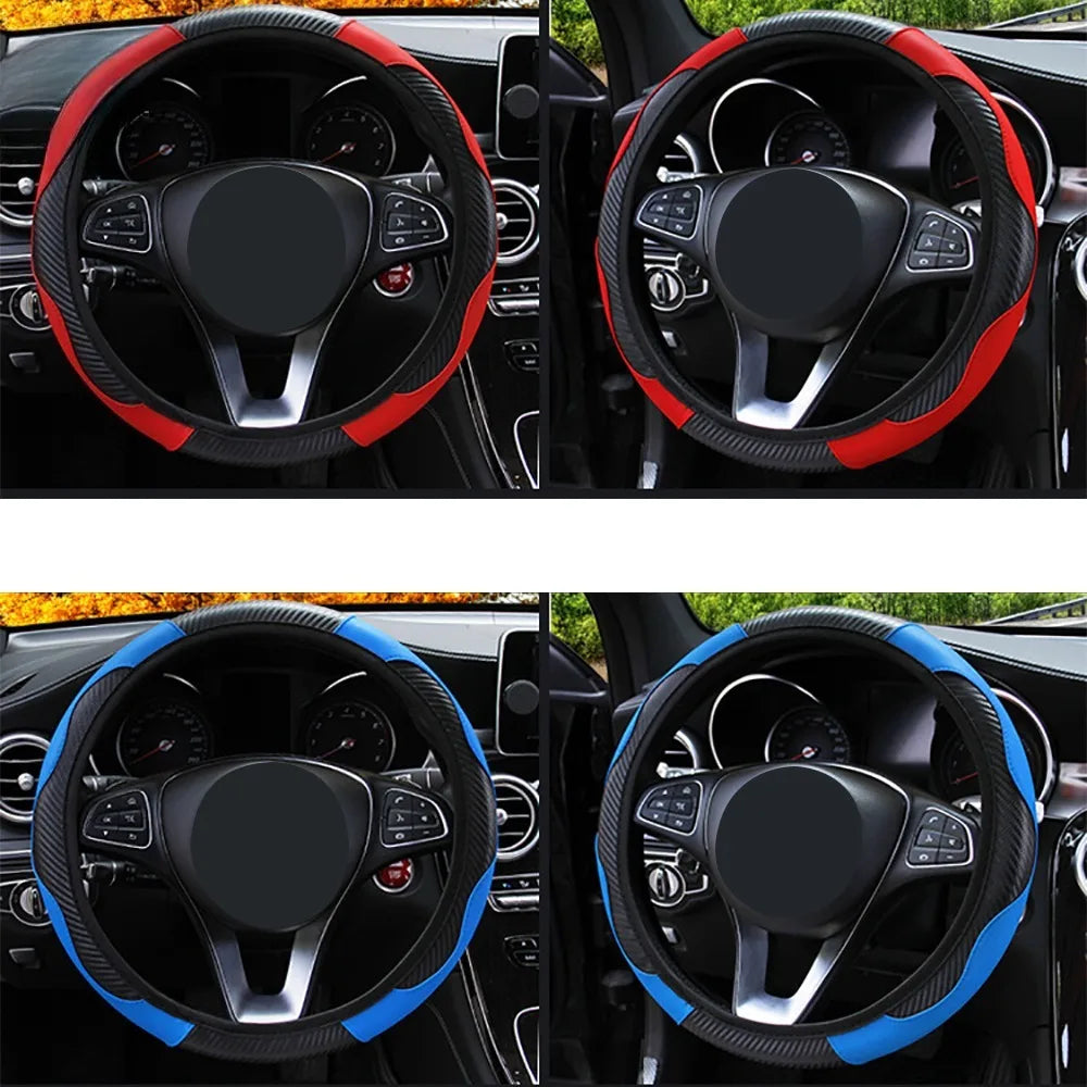 PU Carbon Fiber Steering Wheel Cover | 14.5–15 Inch Steering Wheel Cover QXL