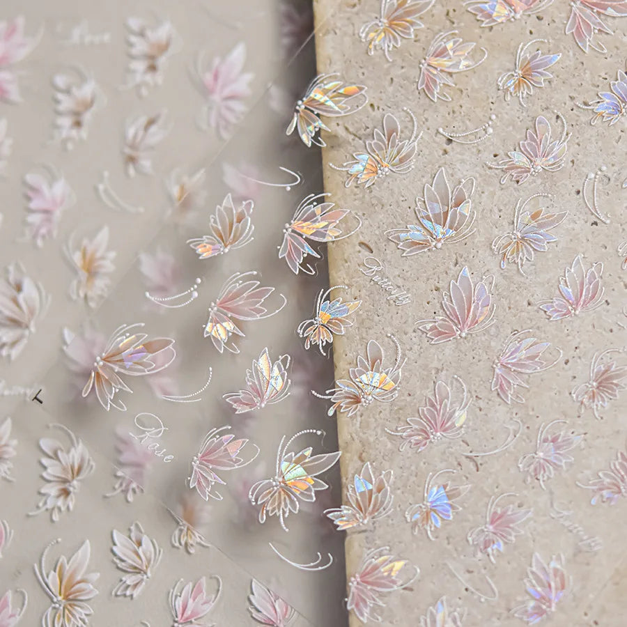 5D Butterfly Flower Nail Stickers | Rhinestone Pearl Decals Nail Art Stickers QXL