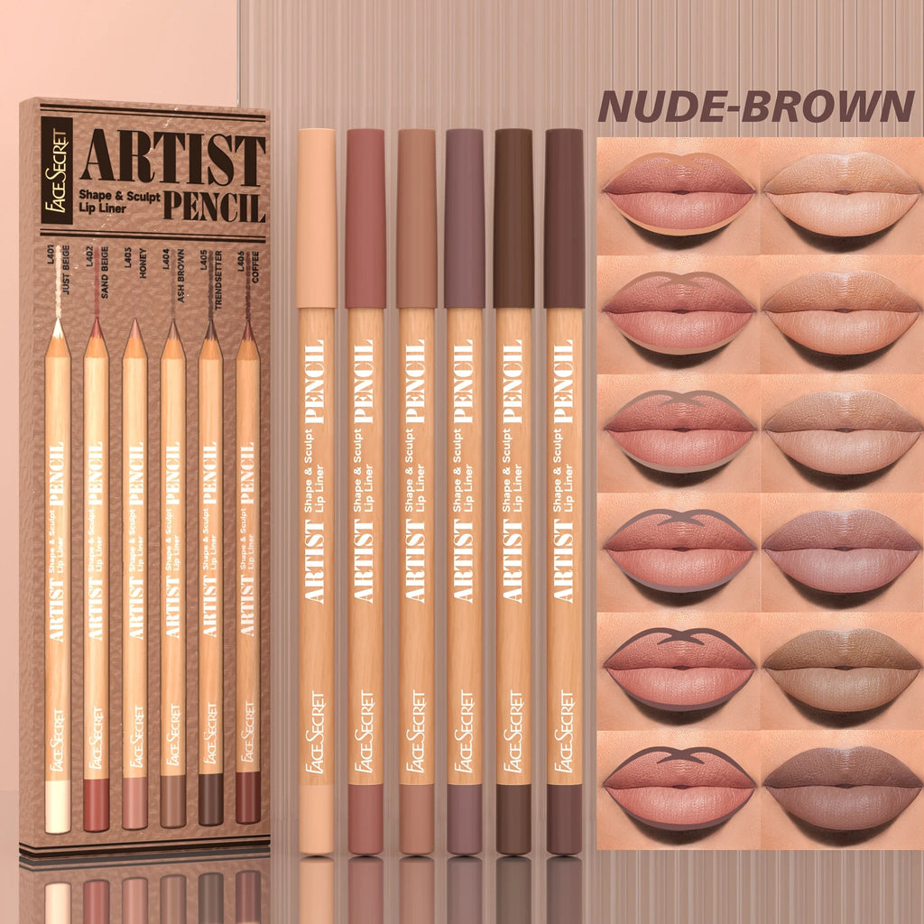 6-Pack Velvet Matte Lip Liner Pencils | Long-Lasting Waterproof Lip Liner Set QXL NUDE BROWN