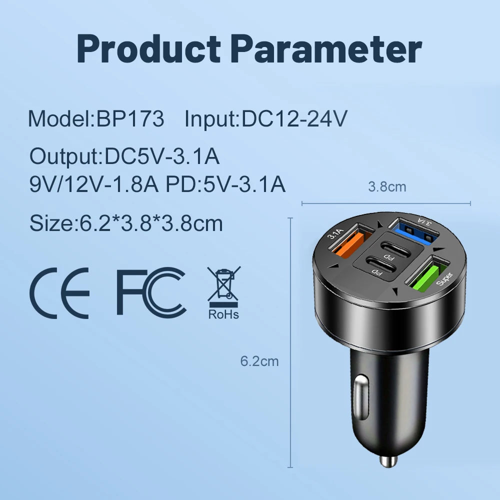 250W 5-Port Car Charger PD QC3.0 USB-C & LED Display Car Charger Adapter QXL