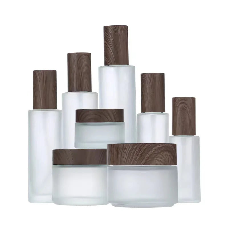 Frosted Glass Cosmetic Bottle with Wood Grain Lid | Travel Cosmetic Storage Jar QXL Emulsion pump 30G