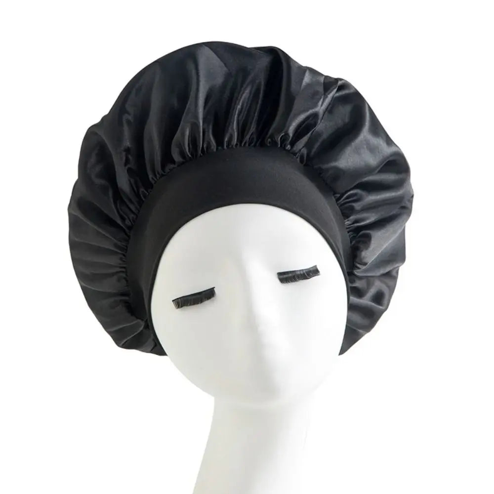 Satin Sleep Bonnet & Shower Cap | Large Elastic Hair Hat Satin Sleep Bonnet QXL Black