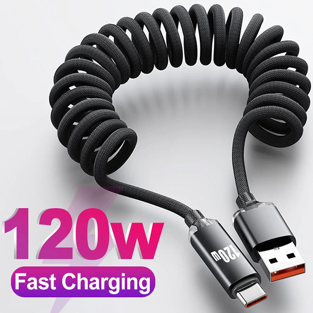 120W Retractable USB-C Fast Charging Cable | Spring Telescopic USB Charging Cable QXL