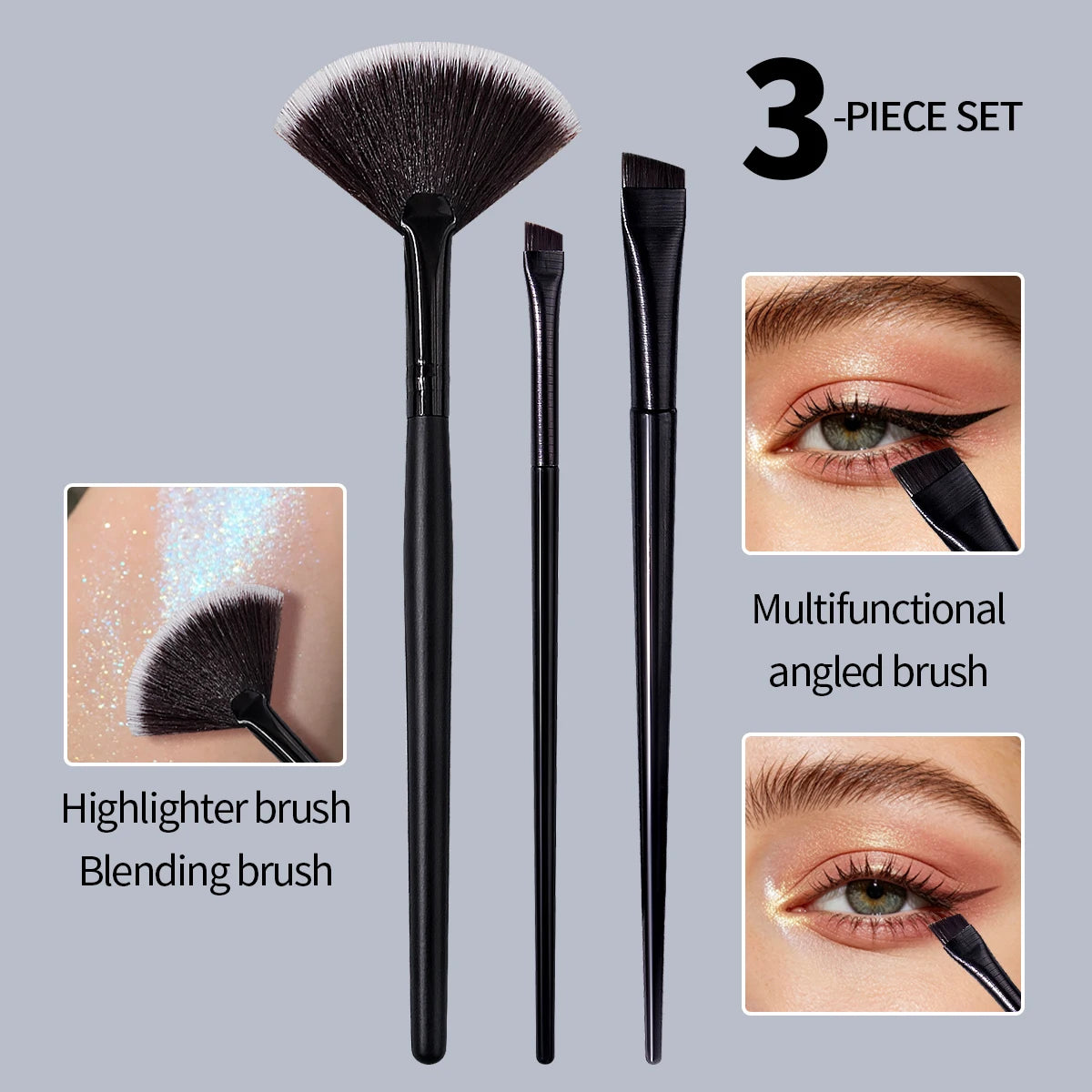 KOSSHOW 3-Pc Makeup Brush Set – Fan Highlighter, Liner & Brow Makeup Brush Set QXL black