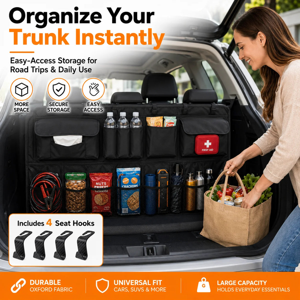 Car Seat Back Organizer – Trunk Bag with Mesh Pockets & Hooks Car Trunk Organizer QXL