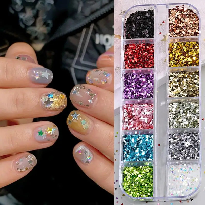 12-Grid Nail Glitter Set | Star & Heart Sequins for Nail Art Nail Art Glitter QXL