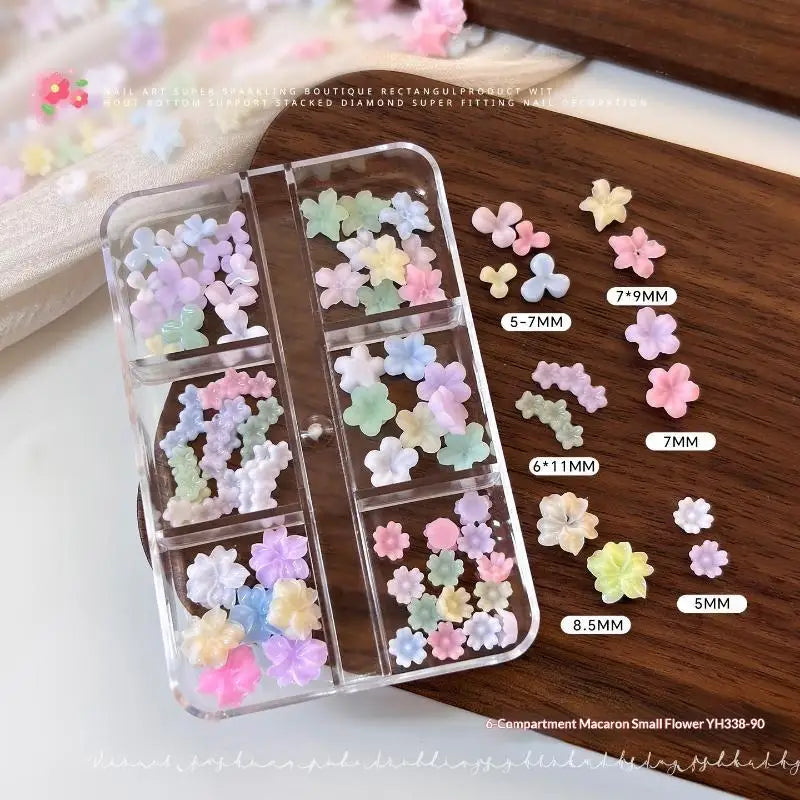 3D Pastel Macaron Flower Nail Charms | 6-Grid Box, 100 Pcs Nail Art Charms QXL