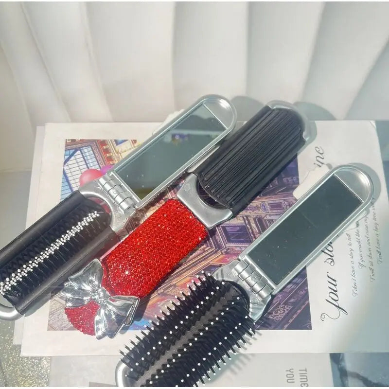 Mini Folding Airbag Comb & Compact Makeup Mirror | Diamond Folding Comb Mirror QXL
