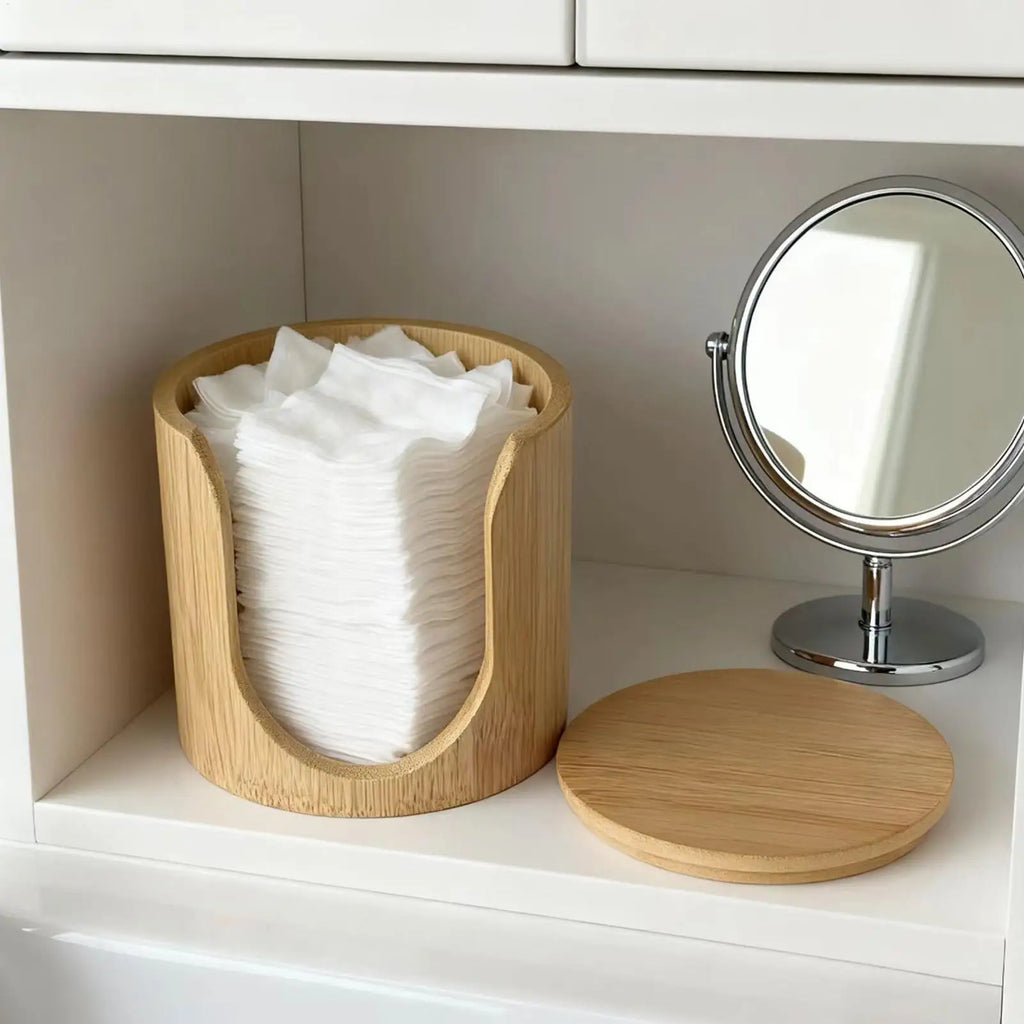 Round Wooden Cotton Pad Holder & Makeup Organizer Box Makeup Storage Organizer QXL