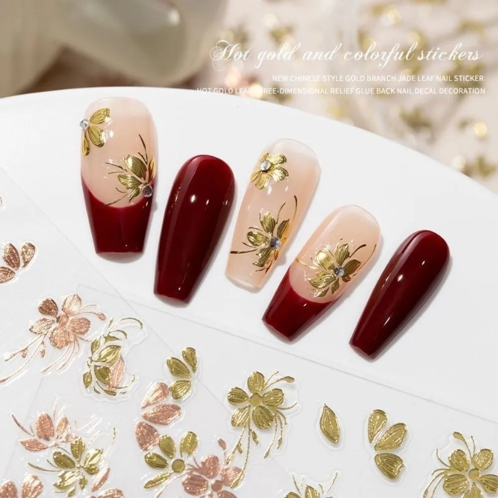 Gold Flower 3D Nail Stickers | Floral Relief Press-On Art Nail Art Stickers QXL