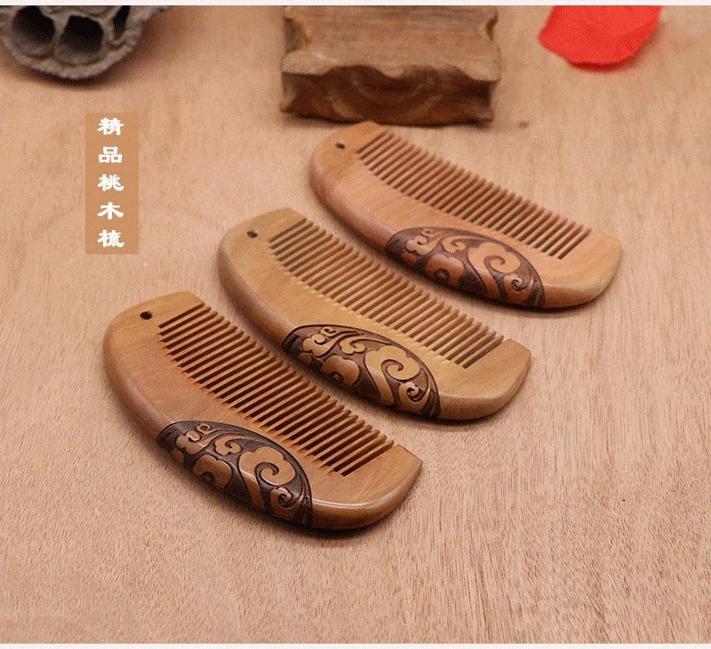 Carved Peach Wood Hair & Beard Comb | Small 10–15cm Wooden Hair Comb QXL