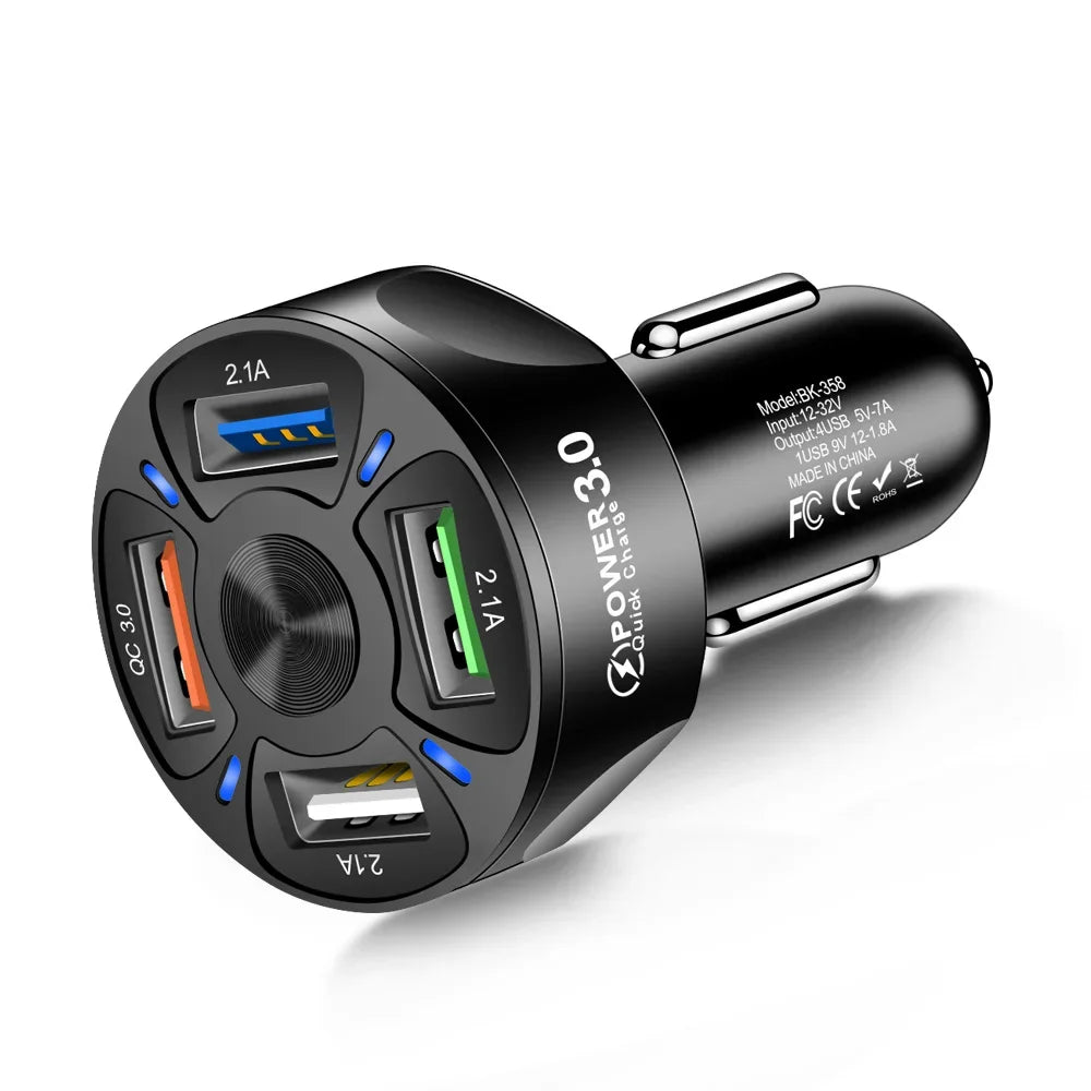 48W 4-Port USB Car Charger | Fast Charging Adapter for Phone Car USB Charger QXL Black