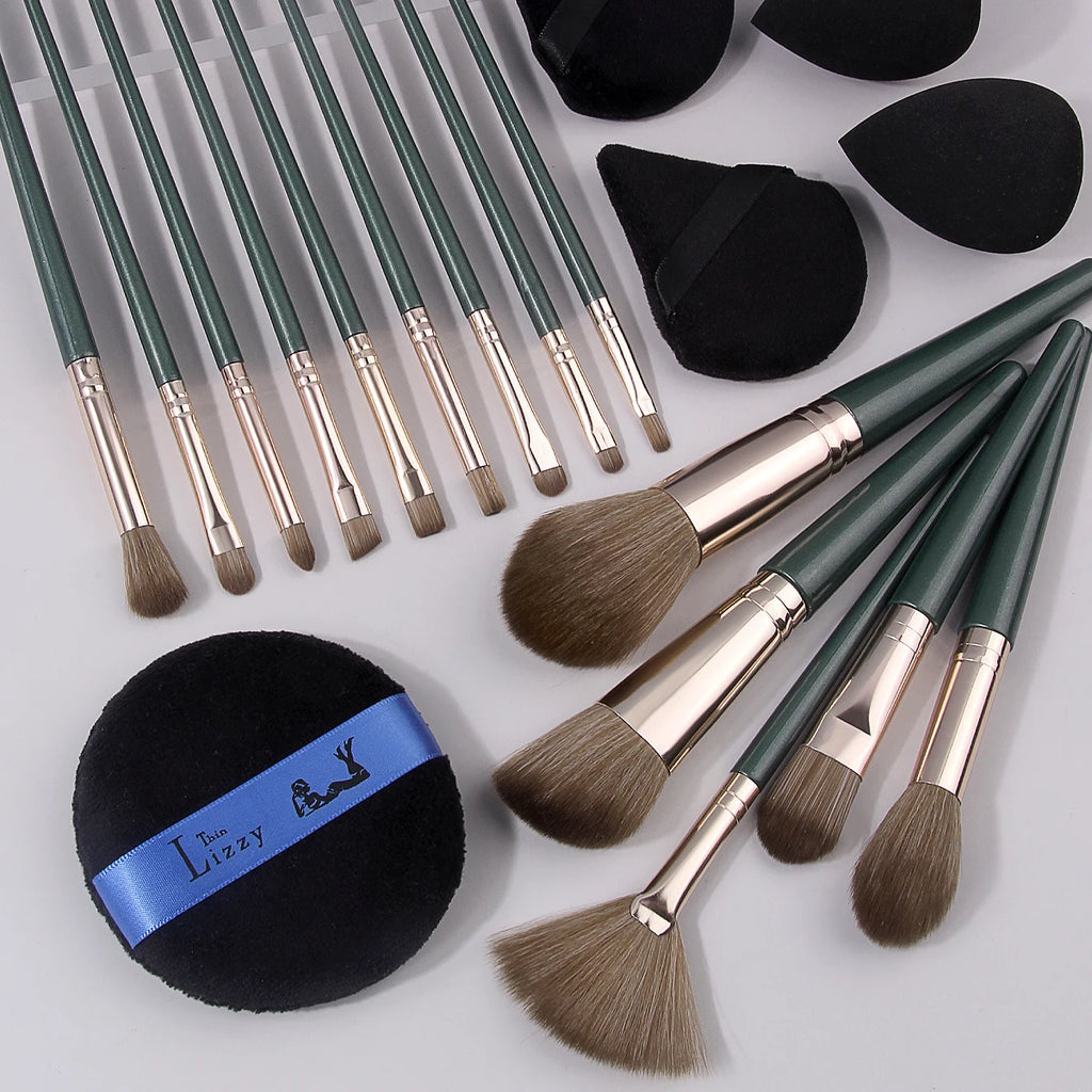 19-Pc Makeup Brush Set with Sponge & Puff | Dark Green Kit Makeup Brush Set QXL