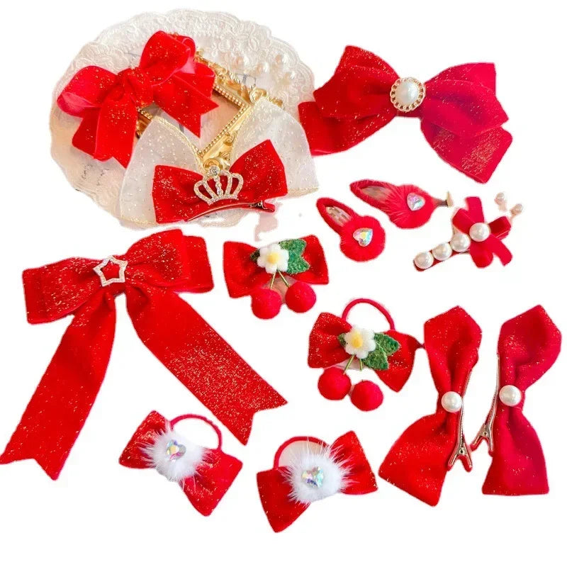 Red Gold Bow Hair Clip | Christmas Holiday Hair Accessory Bow Hair Clip QXL