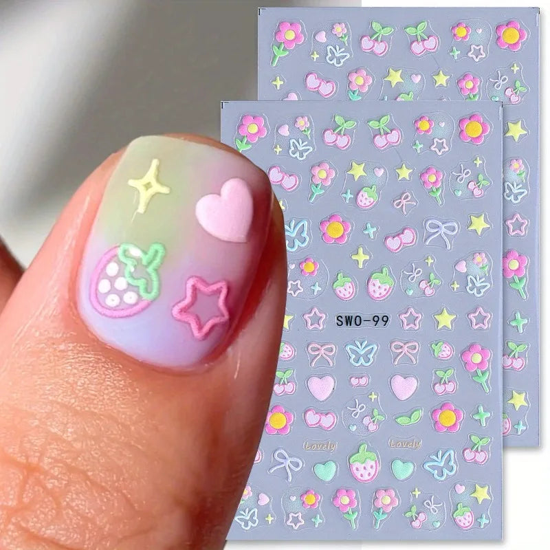 3D Matte Nail Art Stickers | Kawaii Cherry Bow Butterfly Floral Nail Art Stickers QXL