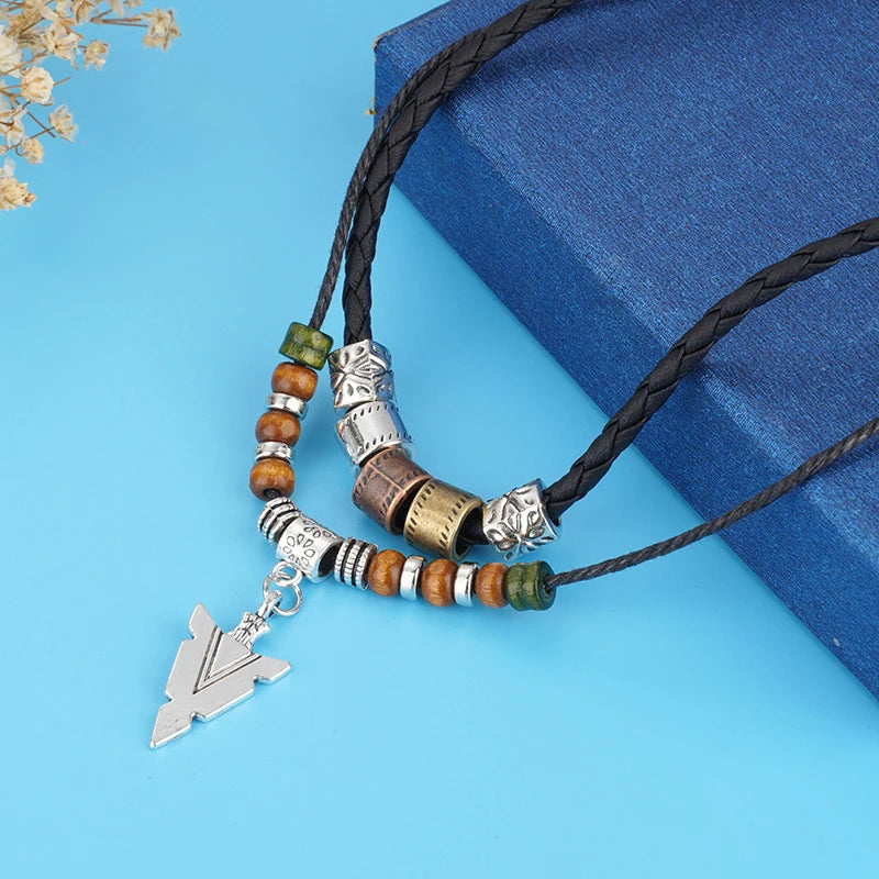 Men's Vintage Layered Arrow Pendant Necklace | Leather & Bead Layered Pendant Necklace QXL