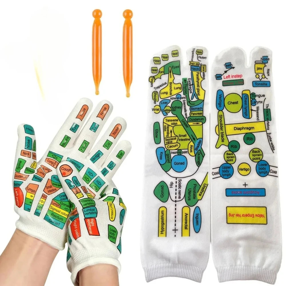 6-Pc Acupressure Reflexology Socks & Gloves Set | Foot Care Reflexology Massage Set QXL