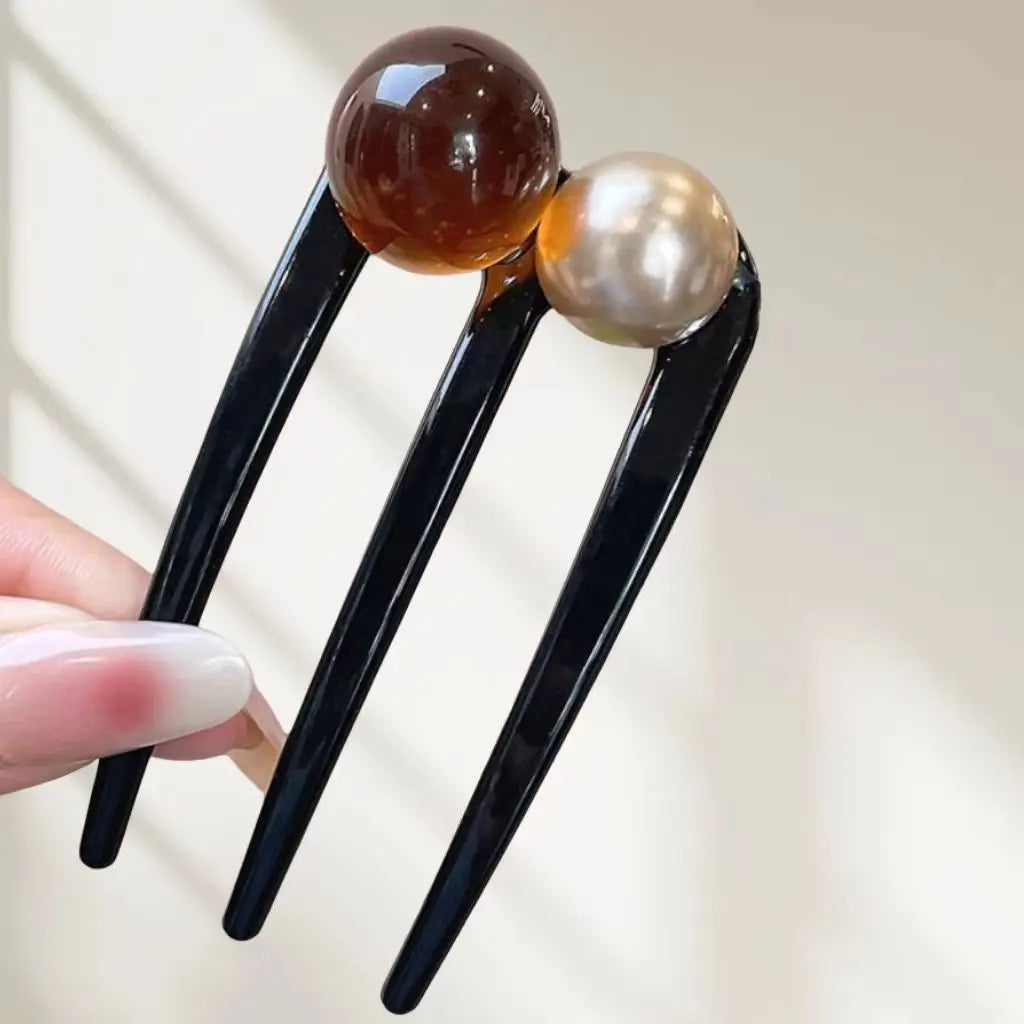 Pearl Bead U-Shape Hair Stick | Vintage Tortoise Bun Pin Hair Bun Pin QXL Coffee Gold