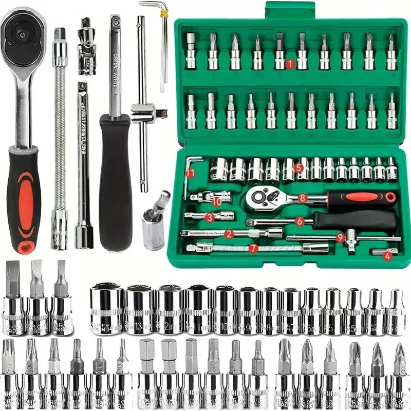 46-Pc 1/4" Ratchet Socket Set | Metric Hex Bit Tool Kit Ratchet Socket Set QXL