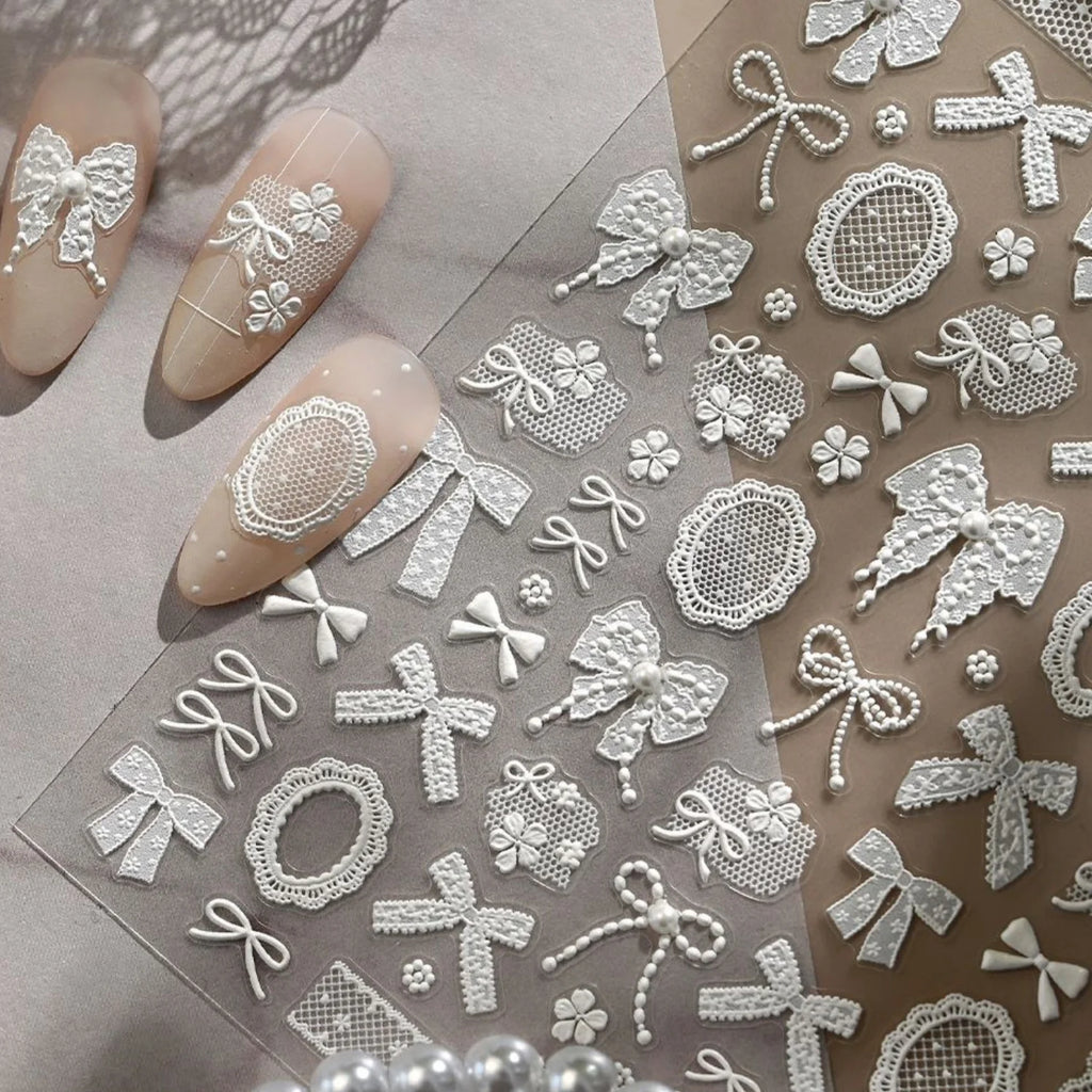 5D Lace Bow Pearl Embossed Self-Adhesive Nail Stickers & Decals Nail Art Stickers QXL