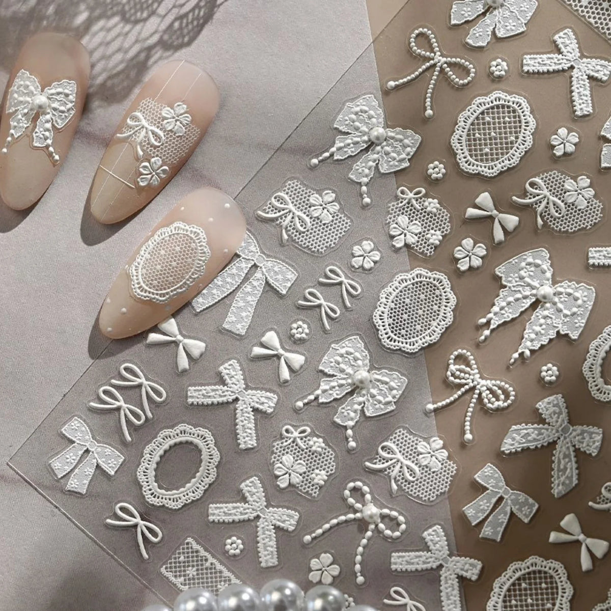 5D Lace Bow Pearl Embossed Self-Adhesive Nail Stickers & Decals Nail Art Stickers QXL