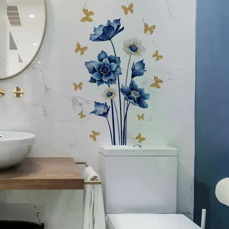 Blue Flower & Gold Butterfly PVC Wall Stickers 30×60cm Wall Decal Sticker QXL