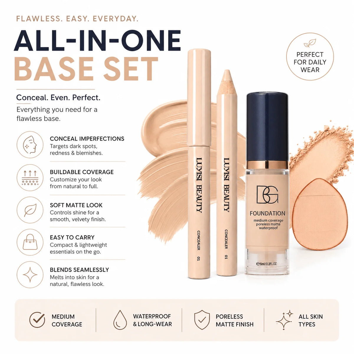 3-Piece Makeup Set: Concealer, Liquid Foundation & Puff Kit Foundation Makeup Set QXL